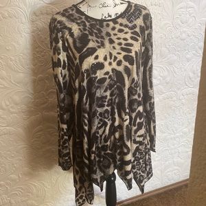 Cover Charge animal print with sequins and handkerchief hem party tunic size L.